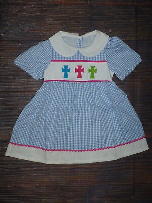 NEW Boutique Embroidered Easter Cross Girls Short Sleeve Blue Gingham Dress $16.99