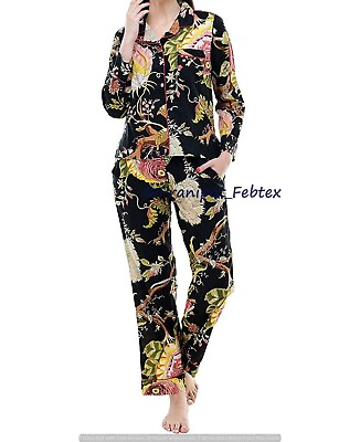#ad Women Black Sleepwear Floral Rose Print Pure Cotton Indian Ethnic Top Pajama set