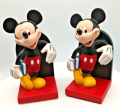#ad TWO BEAUTIFUL VINTAGE DISNEY MICKEY MOUSE BLACK RESIN BOOKENDS 7quot; c2000 vg
