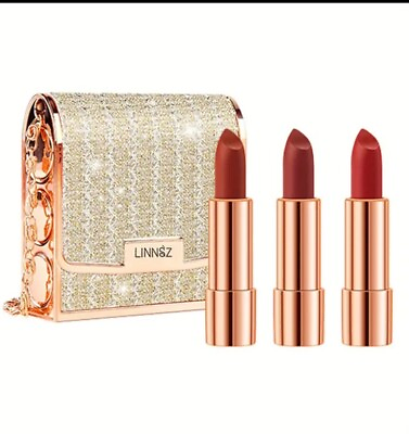 #ad Linnsz Leather Bag Lipstick Gift Set w three Waterproof Smudge proof Lipsticks