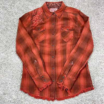 #ad Ryan Michael Pearl Snap Shirt Floral Silk Blend Western Orange Women#x27;s Medium