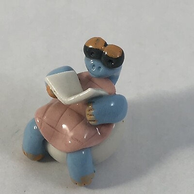#ad Blue Turtle Reading a Book Handmade Cutesy Clay Figurine Mini 1 In. Figural