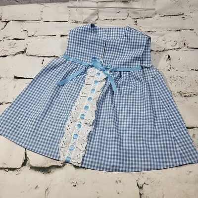 #ad Vintage Handmade Baby Dress Girls 12mos Blue Gingham Eyelet Trim Spring Prairie