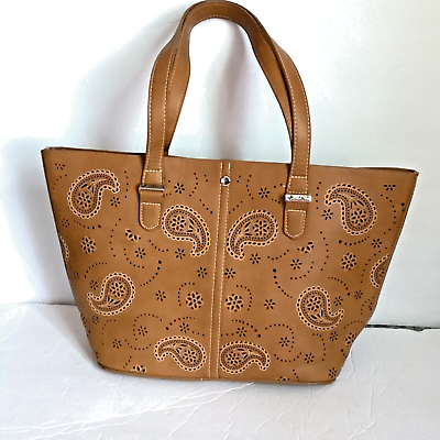 #ad MONTANA WEST LEATHER LIGHT BROWN TOTE PERFORATED PAISLEY FLOWERS WESTERN