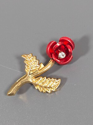 #ad Vintage Red Metallic Rose Flower Rhinestone Gold Tone Small Pin Brooch