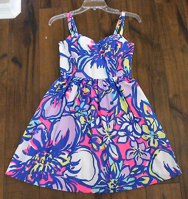 #ad LILLY PULITZER DRESS BRIGHT PINK BLUE FLORAL WOMENS SZ 0 STRAPS RUCHED SUNDRESS