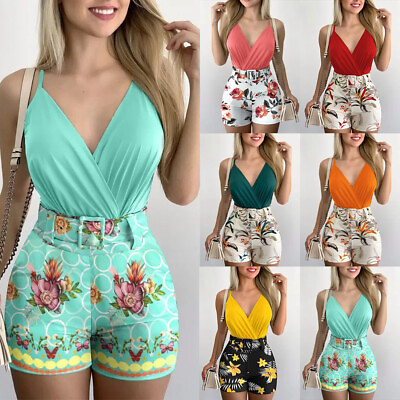 #ad 2Pcs Womens Summer V Neck Outfit Sleeveless Top Floral Shorts Holiday Beach Sets