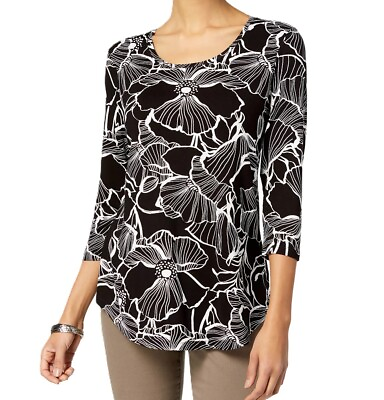 #ad JM Collection Womens L Black White Bloom Floral Printed Relaxed Fit Top NWT AU81