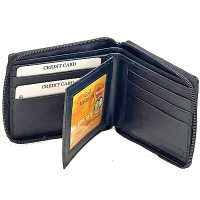 #ad Mens Genuine Leather Zip Secure Zipper Around Wallet Black Billfold Credit Card