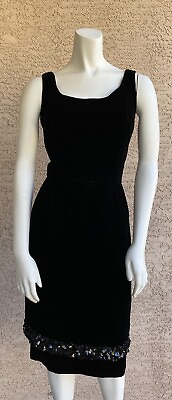 1950s 60s TRUE VNT Evening BLACK VELVET JOSEPH MAGNIN Dress Sequin Bead $89.98