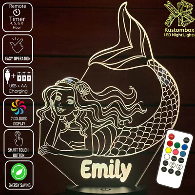 #ad MERMAID BARBIE 3D PERSONALISED NAME LED NIGHT LIGHT 7 COLOURS REMOTE TIMER