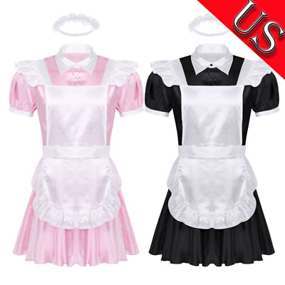 #ad US Mens Satin French Maid Costume Sissy Dress Crossdress Lingerie Fancy Dress