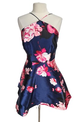 #ad by amp; By Floral Satin Navy Blue Halter Neck Mini Prom Flare Dress Women Size 13