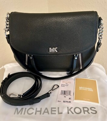 #ad MICHAEL Michael Kors quot;Eviequot; Pebbled Leather Med Shoulder Flap Bag BLK