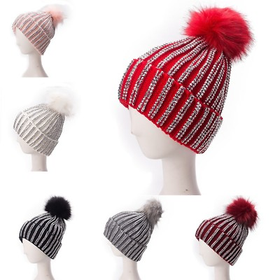 #ad Ladies Faux Fur Pom Pom Rhinestones Beads Beanie Turn Up Slouch Cap Knitted A469
