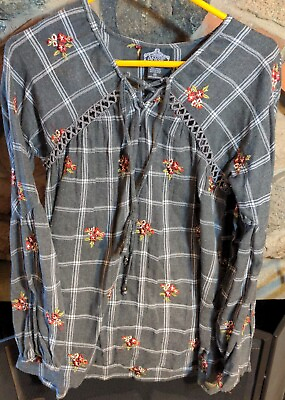 #ad ANGIE Buffalo Checked Embroidered Floral Shirt Top Rayon Peasant Folk Blouse
