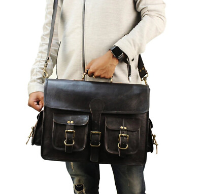 #ad Retro Black Large Leather Men#x27;s Laptop Bag Messenger Briefcase Satchel Shoulder