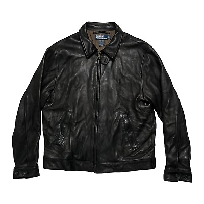 #ad Vintage Polo Ralph Lauren Black Premium Soft Leather Harrington Zip Jacket Sz L