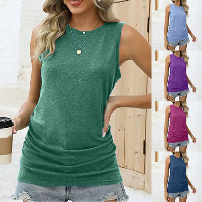 #ad Womens Sleeveless Solid Vest Tops Summer Pleated Loose T Shirt Blouse Tank US