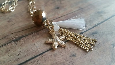 #ad Gold necklace tassel starfish goldtone bronze brown one of a kind