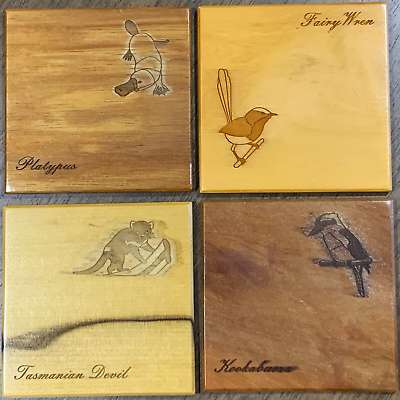 #ad Tasmanian Timbers Set of 4 Drink Coasters amp; Holder Different Animals amp; Wood