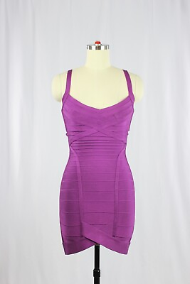 #ad HERVE LEGER Dahna Magenta Purple Bandage Criss Cross Mini Bodycon Dress Size XS