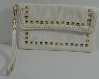 White Clutch Handbag Leather Gold Studded Fold Over Bag Purse with Two Zippers $25.00
