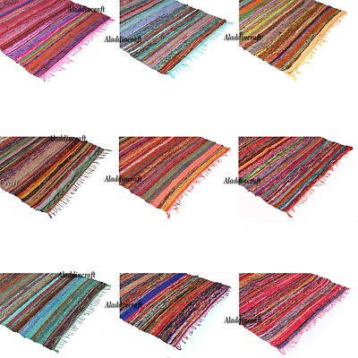 #ad Indian Colorful Cotton Chindi Rag Rug Throw Hand woven Vintage Rug Floor Runner