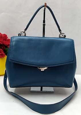 #ad Michael Kors Ava Blue Leather Pushlock Top Handle Satchel Crossbody Bag