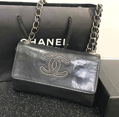 #ad Chanel Coco Mark Crossbody Chain Long Wallet Black Authentic with Serial