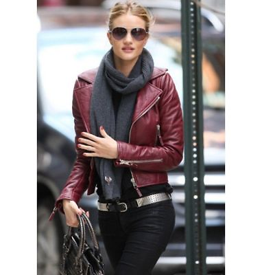 #ad Ladies Women Brando Burgandy Leather Motorcycle Slim Fit Short Body Jacket