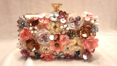 #ad HB003 Beaded Floral Clutch Bag Beige Evening Wedding Bridesmaid Prom