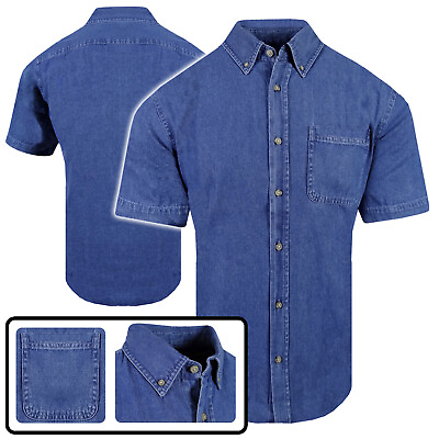 #ad Denim Shirt Mens Short Sleeve Blue Wash Button Down Collar Pocket Size S 4X