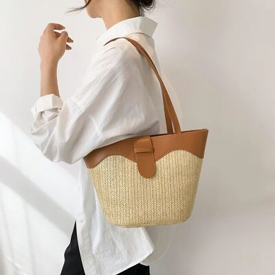 #ad Fashion Trendy Handbag Summer Leather Shoulder Bag New Straw Small Bucket Bag