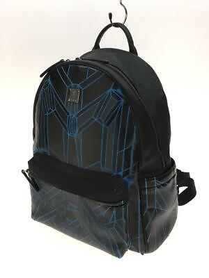 #ad MCM Backpack Leather Blue Bionic Black Rucksack Unisex Logo Plate Z7991
