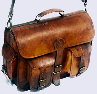 #ad Men#x27;s 18quot; goat leather messenger Real satchel bag genuine laptop brown briefcase