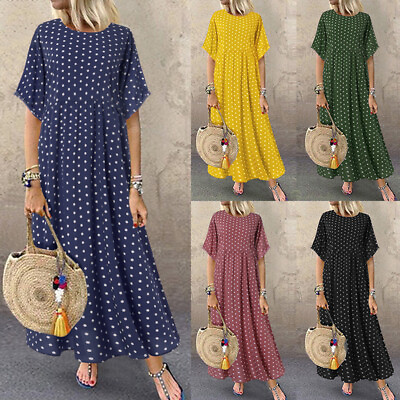 #ad ZANZEA 8 24 Women Summer Polka Dot Sundress Full Length Flare Long Maxi Dress