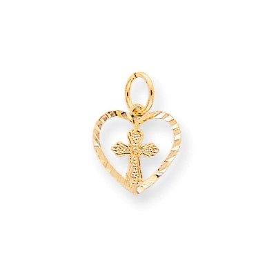 #ad 10K Yellow Gold Small Cross in Heart Charm Pendant 0.71 Inch