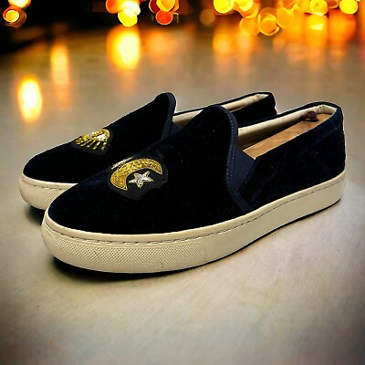 #ad Soludos Womens Navy Blue Velvet Eye Moon Stars Slip On Sneakers Flats Size 8 US