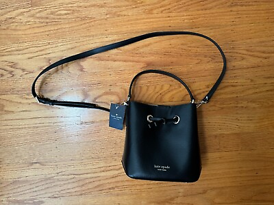 #ad Kate Spade Eva Small Bucket Bag Black Leather Shoulder Crossbody Hand Bag NWT