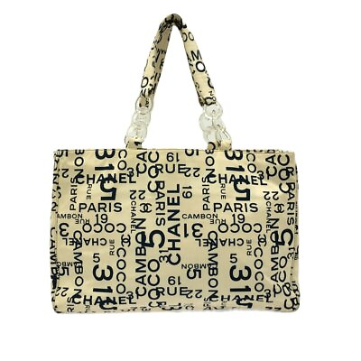 #ad Auth CHANEL By Sea Line White Dark Navy Canvas Tote Bag