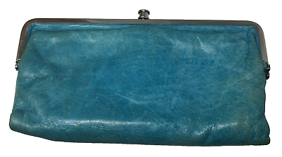 #ad Hobo International Lauren Aqua Blue Leather Double Frame Clutch Bifold Wallet