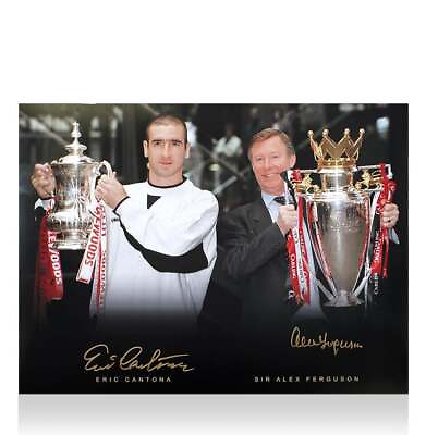 #ad Eric Cantona Dual Signed Photo 1996 Double Season with Sir Alex Ferguson