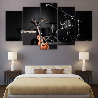 #ad Electric Guitar Mic Amp amp; Drums Musician Band Framed 5 Piece Music Canvas Wall A