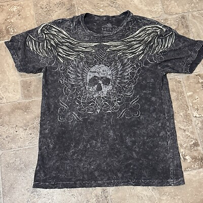 #ad Y2K Helix Affliction Style MMA Cyber Goth Skull Wings AOP T Shirt Men#x27;s Size L