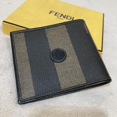 #ad New Unused Fendi Bifold Wallet Pequin Striped Black Beige Leather Unisex Italy