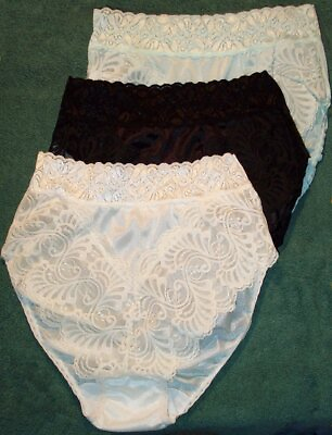 #ad 3 Pair Size 10 Assorted Colors Nylon High Cut Brief Panties Sexy Lace Made USA