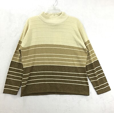 #ad Jenny Beige Metallic Gold L S Striped Mock Neck Pullover Sweater Size XL