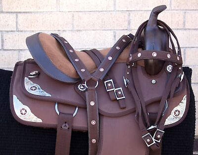 #ad USED 14 15 Brown Texas Silver Star Western Synthetic Horse Trail saddle Tack