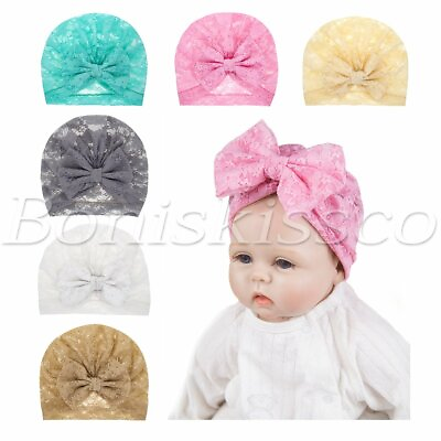 #ad 6pcs Soft Newborn Baby Lace Bow Knot Hats Headbands Headwraps Turban Boys Girls